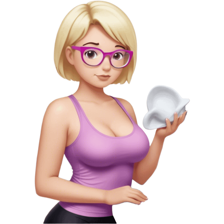 Seductive, Curvy fair skinned woman, short blond hair, small light purple reading glasses, washing dishes, SFW sheer pink tank top, without undergarments showing natural breast shape SFW, black yoga pants, thick booty emoji