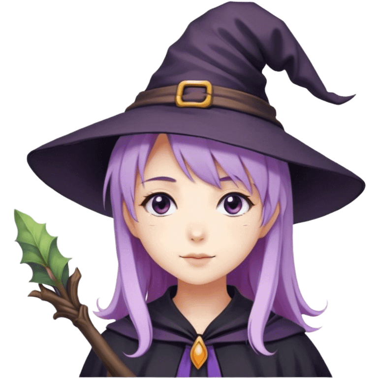 cute anime girl with lilac hair in a witch hat in love emoji