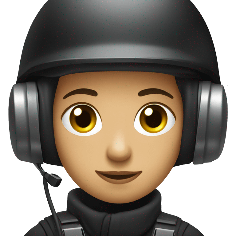 operator dressed in black with a milatary helmet, without glasses, wearing a headset, ready to respond to alerts, preferably female white emoji