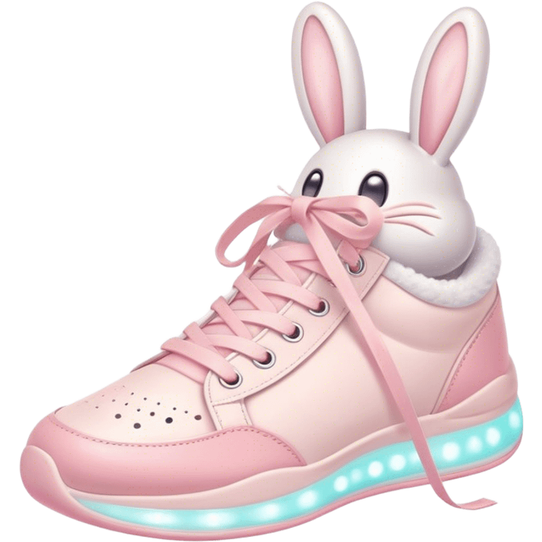 Cute Kawaii Shoe, small and bouncy, soft pastel sneakers with glowing highlights, cute sparkling eyes, a happy cheerful expression, laces tied like bunny ears! emoji