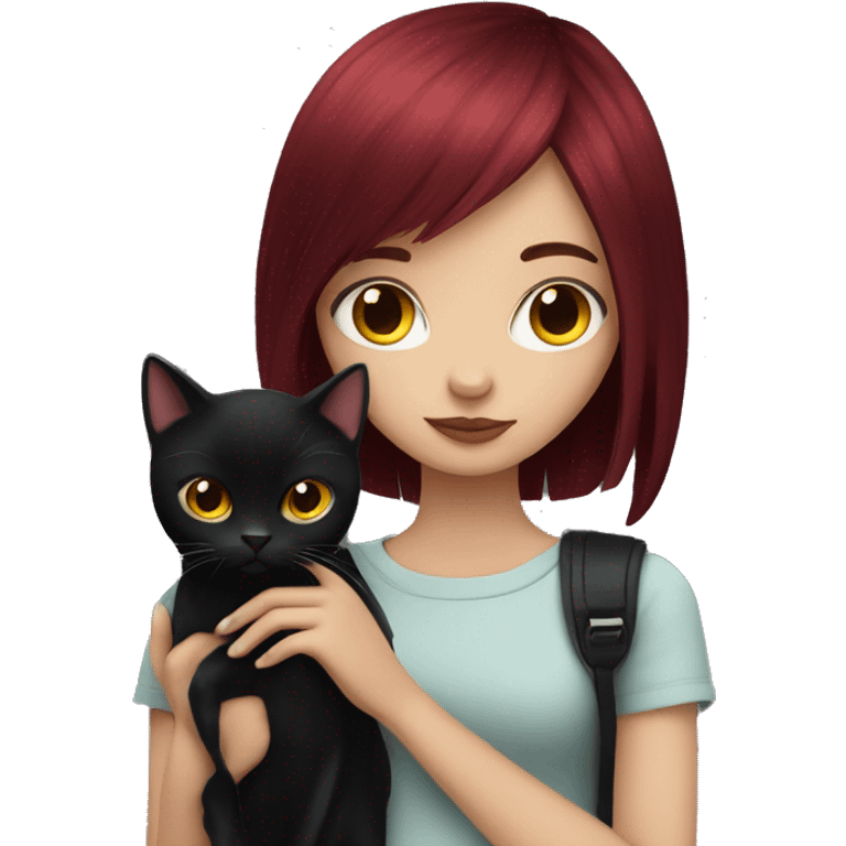 Girl with burgundy hair and emo fringe holding a black cat emoji