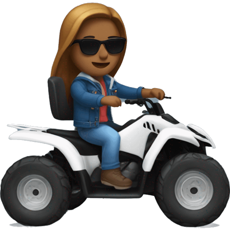 quad bike white with developer with blue jeans, bred jacket and sunglasses riding, with brown and long hair emoji