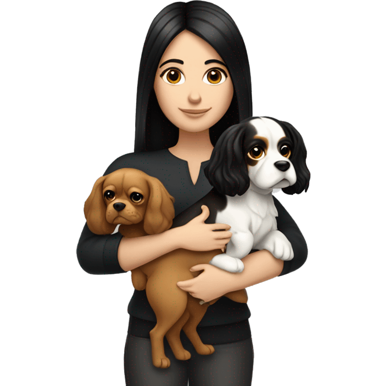 white girl with black straight hair holding a king charles dog emoji