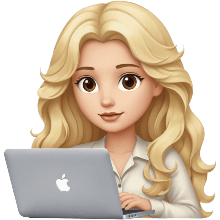 Blonde model with brown eyes, long wavy hair, typing on MacBook  emoji