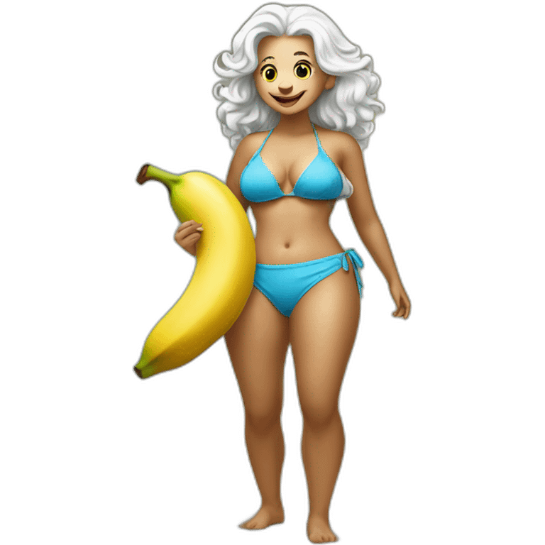 Einstein in bikini on the beach holding a banana emoji