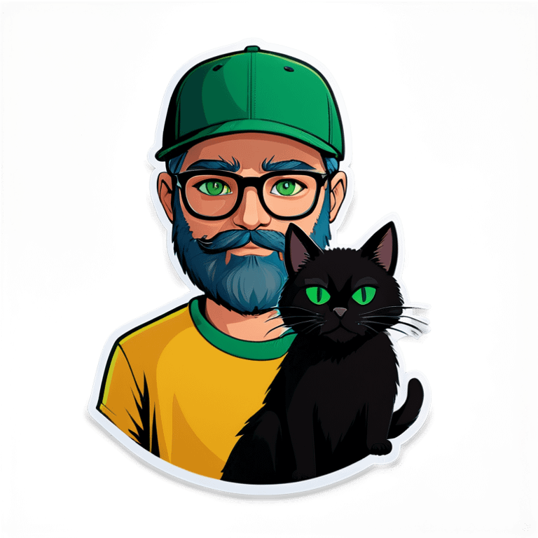 A bold man with a grey baseball cap, green eyes, big beard and glasses holding a black cat emoji