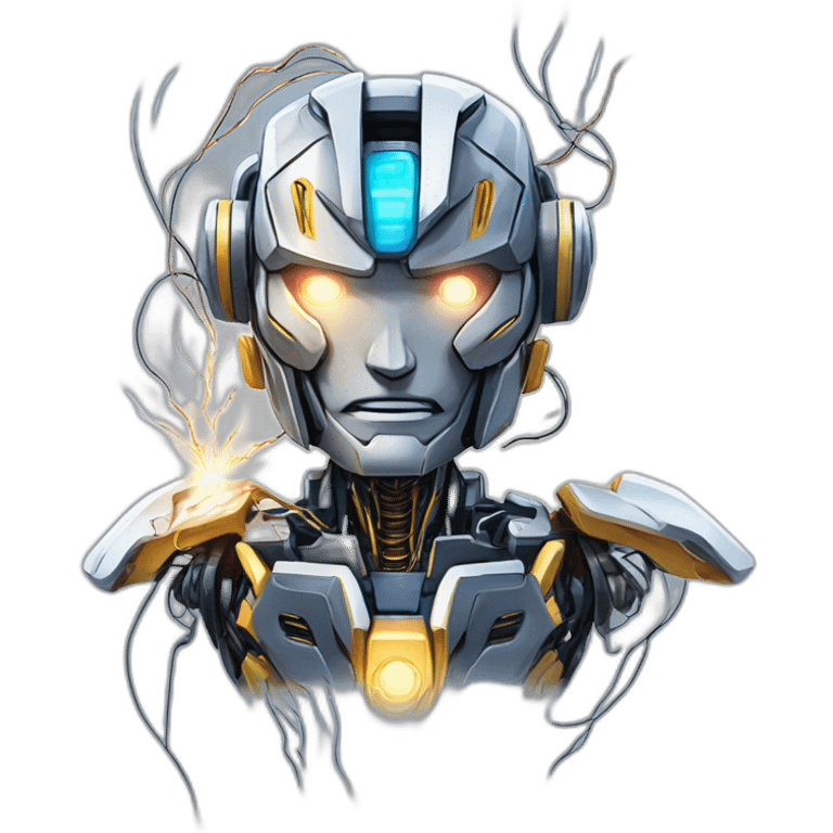 friendly transformers robot style AI with brain exposed circuit wires lightning explosion overwhelmed anime style emoji