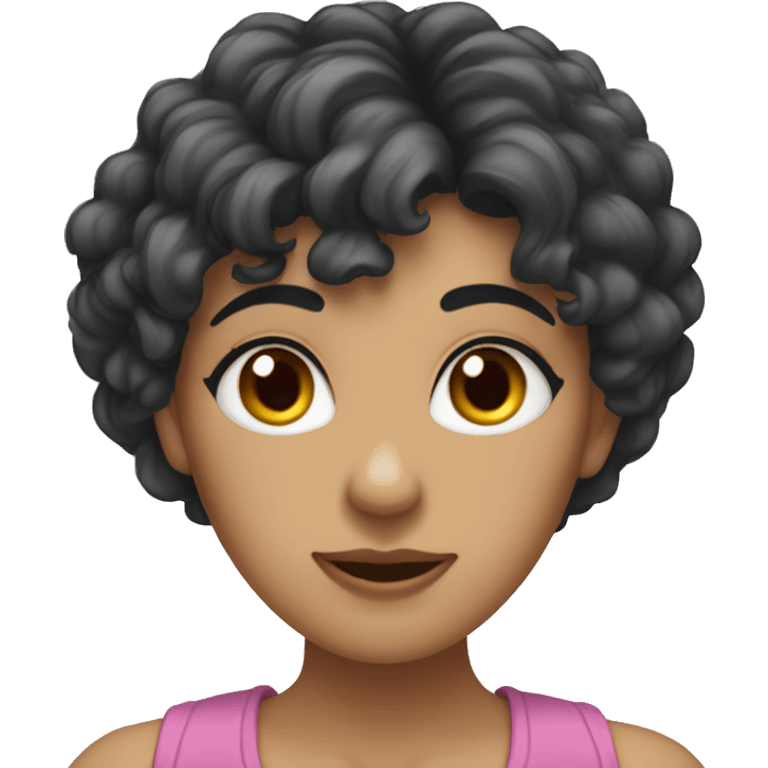 woman with long black curly hair and bangs and dark brown eyes, rolling her eyes emoji