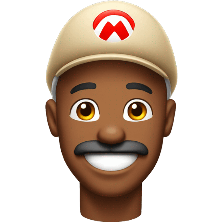 Brown skinned bald man wearing a Super Mario style hat with a mustache goatee combo laughing  emoji