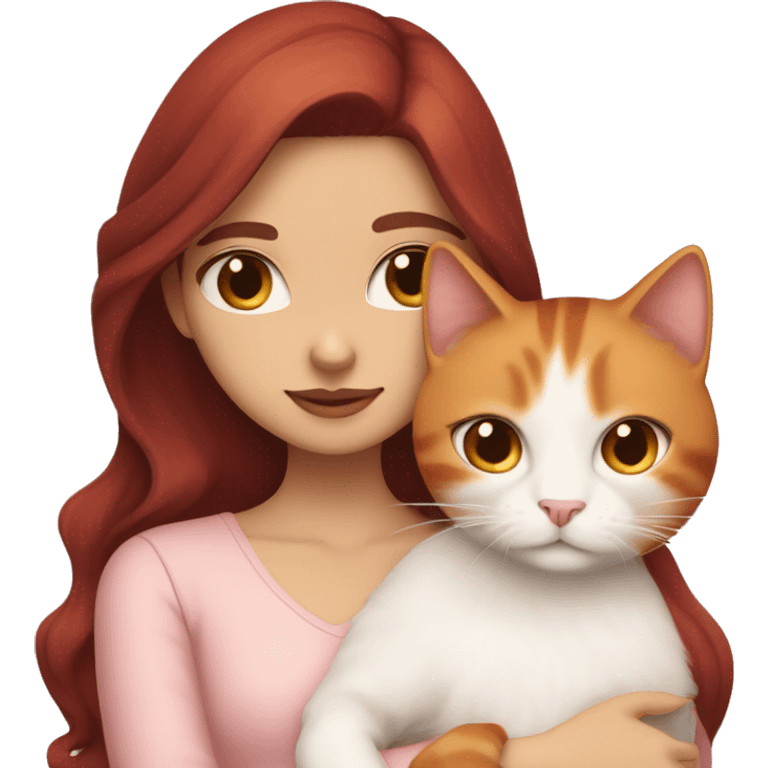 girl with long very dark red hair and brown eyes and light pink outfit hugging a white & ginger cat  emoji