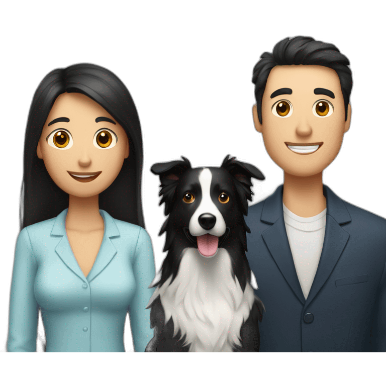 Family formed by a White man with hat and a White woman with long black hair and one small black dog border collie emoji