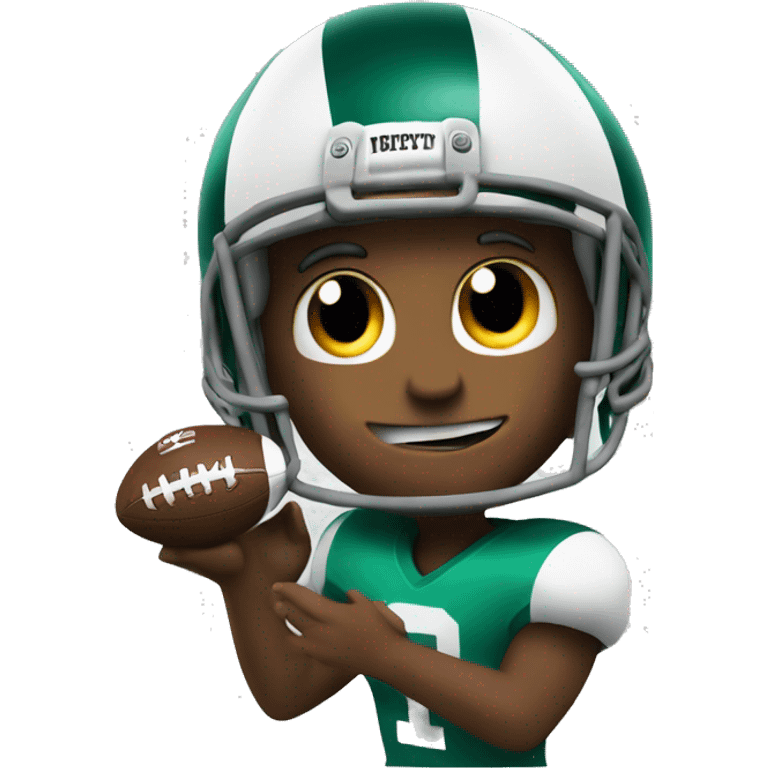 A football emoji wearing a tiny helmet and making a touchdown pose emoji