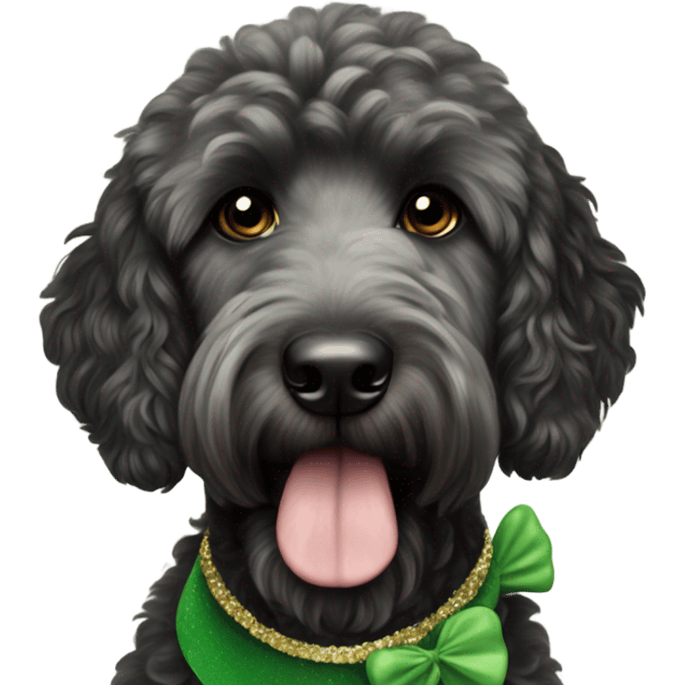 Black goldendoodle dog with st Patrick’s day headband emoji