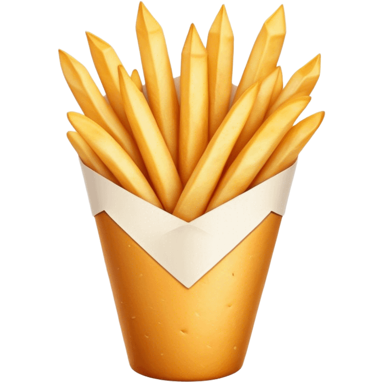 Belgian Fries Cinematic Realistic Belgian Fries Dish Emoji, depicted as a generous serving of crispy fries neatly presented in a white paper cone, rendered with vivid textures and appetizing, natural lighting. emoji