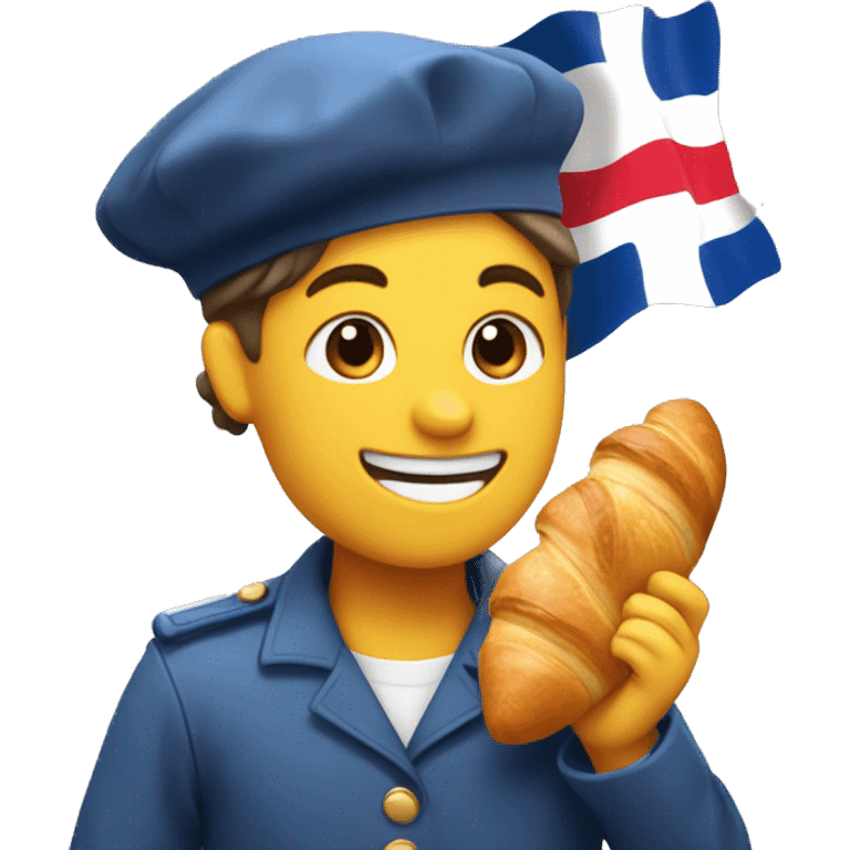 default smiling happy emoji wearing a beret holding a croissant and baguette in front of the french flag emoji