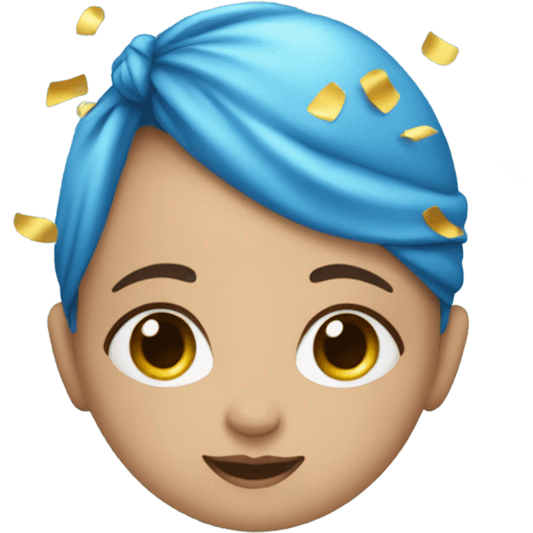 A baby dressed in blue with blue confetti emoji