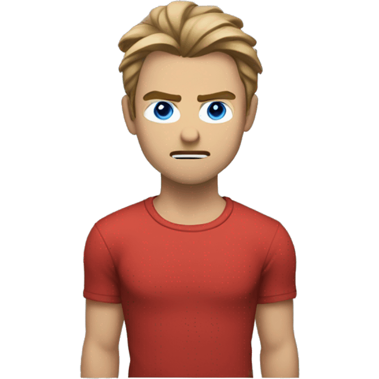 Medium length hair with a middle split that falls onto his face, male, wearing a red shirt, light brown hair, blue eyes, he’s angry  emoji