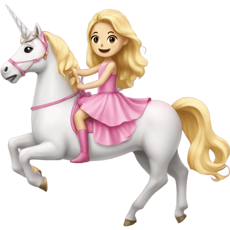 Little blonde girl in a princess dress riding a big pink unicorn  emoji