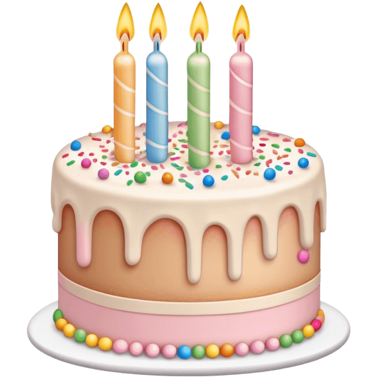 Beige, white and light pink birthday cake with candles and rainbow sprinkles emoji