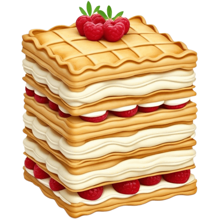 Mille-feuille Cinematic Realistic Mille-Feuille Dessert Emoji, depicted as a delicate pastry composed of two crisp layers of puff pastry with a rich cream filling, rendered with intricate textures and elegant, soft lighting. emoji