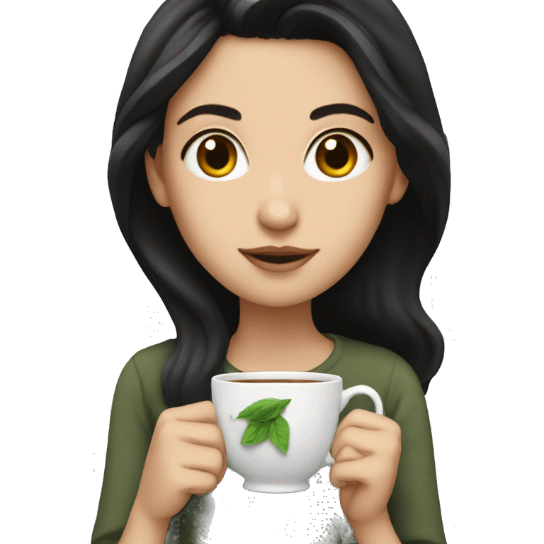 White girl with black hair holding tea emoji