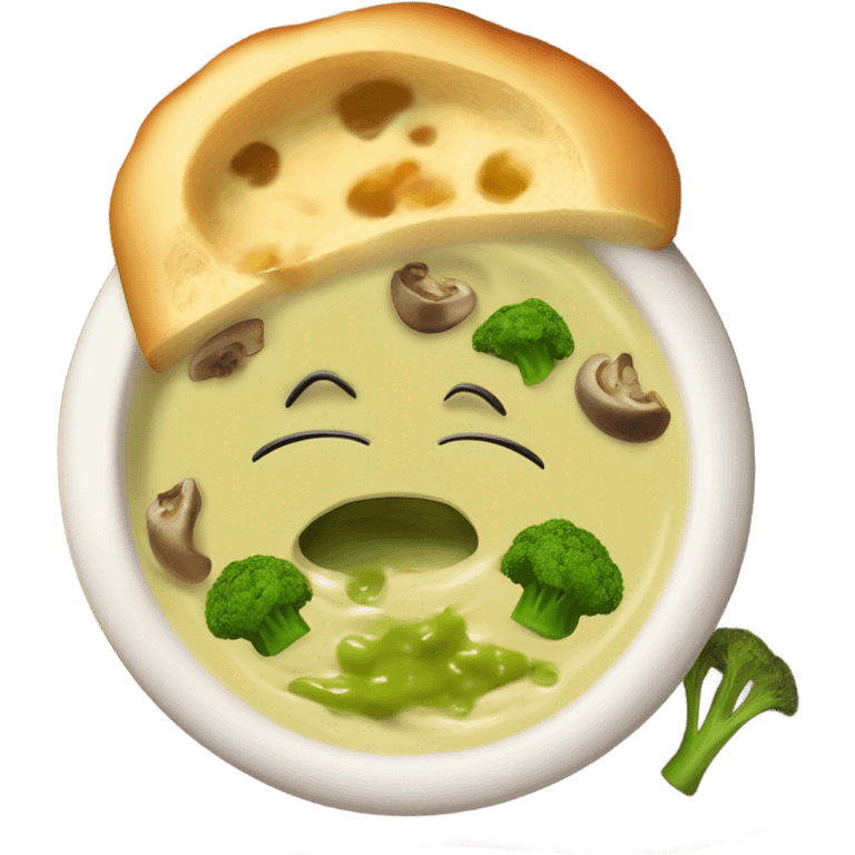 Broccoli cheddar soup with mushrooms in bread bowl  emoji