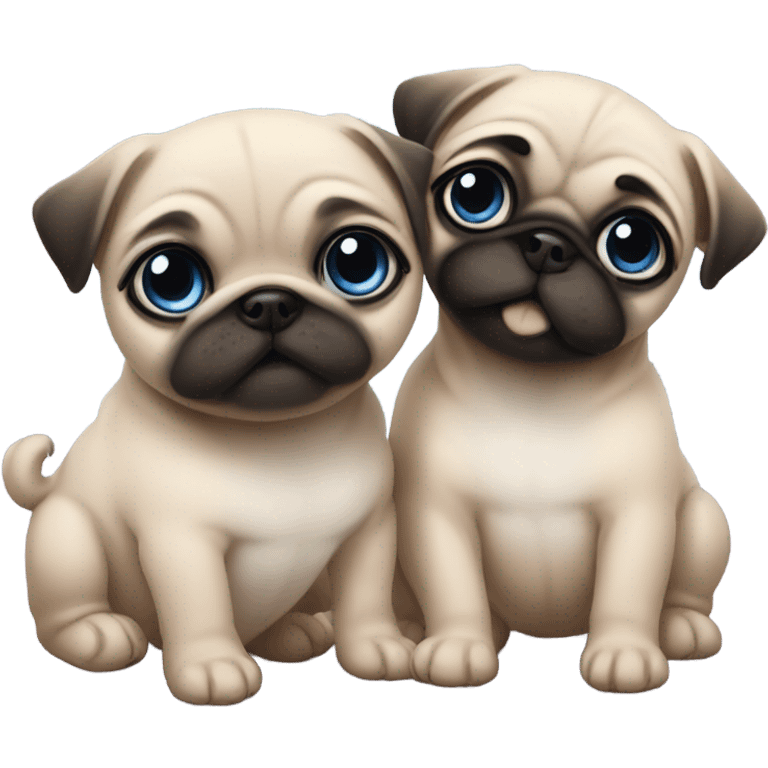 Baby pug with big blue eyes hugging a baby pug with pink eyes  emoji