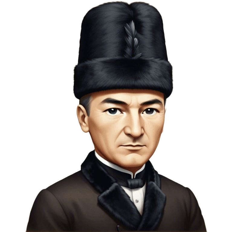 ​Cinematic Realistic Portrait of a Young Mustafa Kemal Atatürk, depicted wearing an iconic tall black fur hat along with traditional attire, his confident, visionary expression illuminated by warm, inspiring lighting, rendered with rich historical textures that capture his youthful dynamism and transformative leadership, emoji