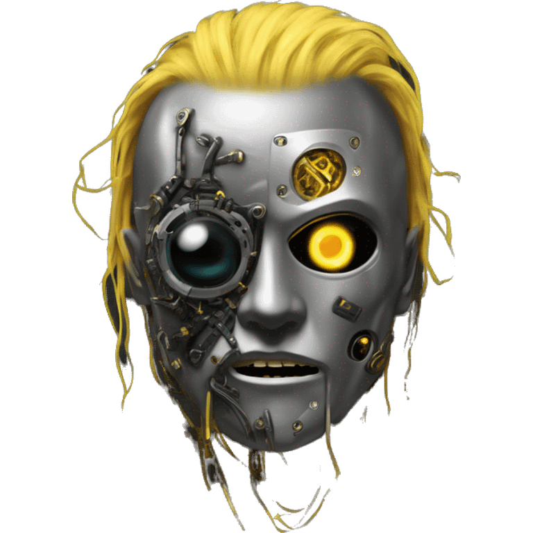 black metal male cyborg head with  one artificial eyeball, circuitry, goatee and dreaded yellow gold hair emoji