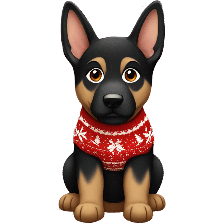 black and brown german shepherd puppy in a christmas sweater emoji