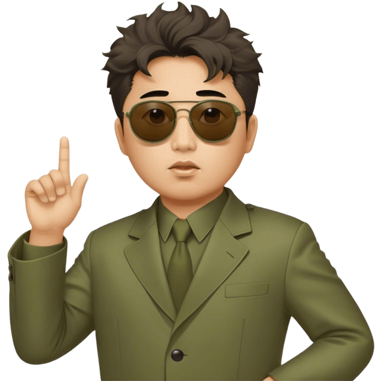 Messy haired Kim Jung Il directs a movie wearing olive mao suit and large sunglasses emoji