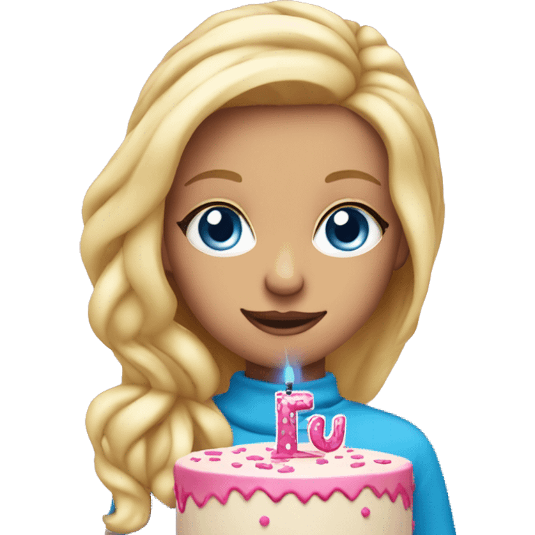 Blonde girl with blue eyes holding a pink birthday cake  emoji