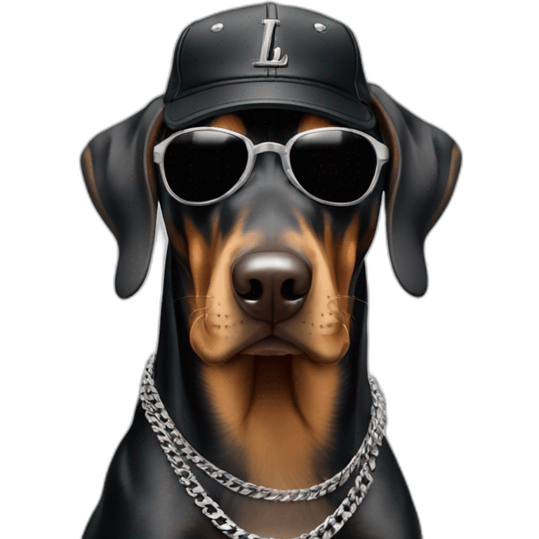 Dobermann dog wearing black Lois Vuitton sun glasses and a cap and a silver Cuban chain emoji