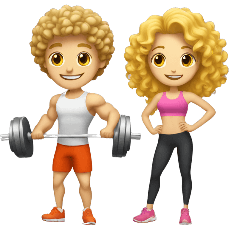 A blonde guy and a curly-haired girl lifting weights together emoji