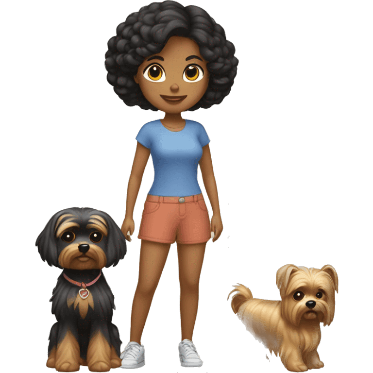 Chica morena paseando con dos yorkshire terrier negros emoji