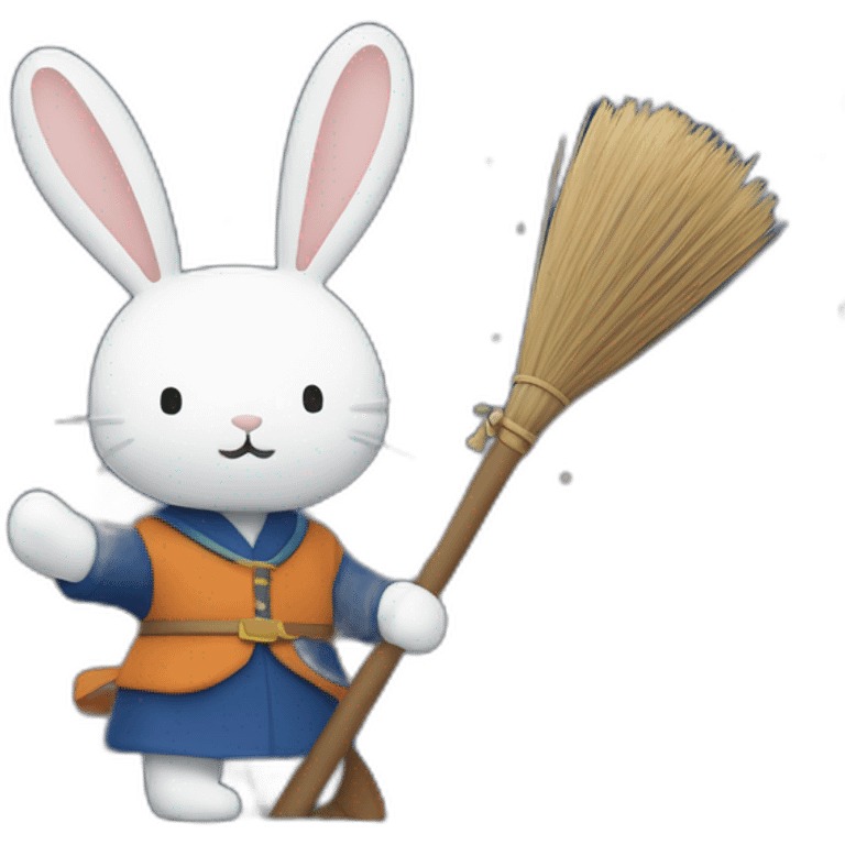 the rabbit, miffy, riding a broomstick with the night sky and stars in the background emoji