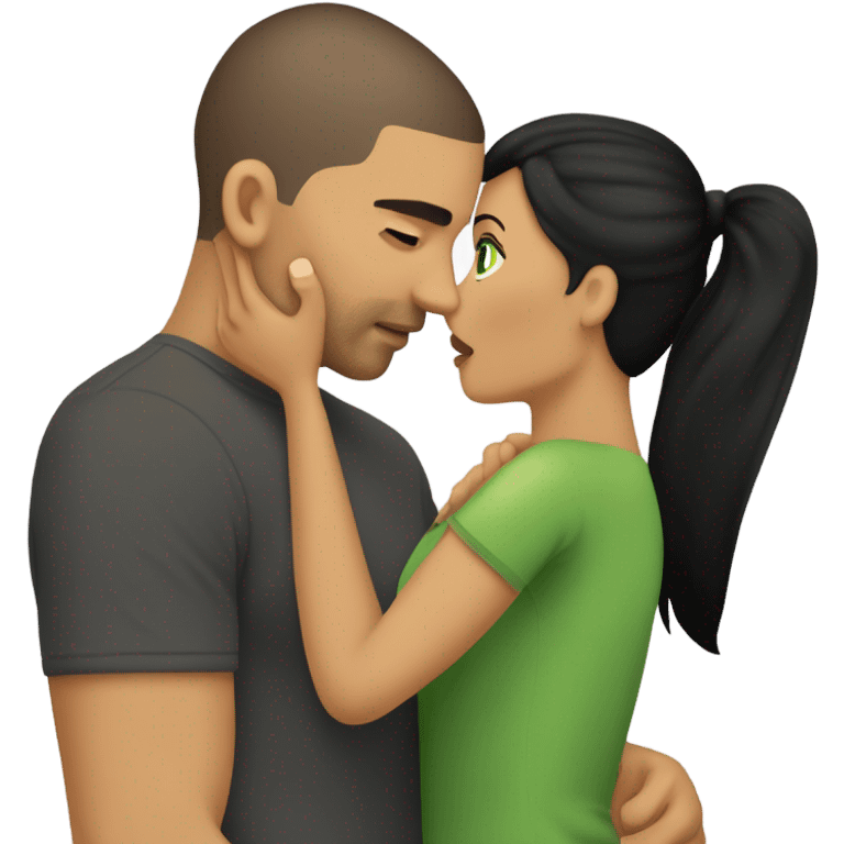 A couple kissing, girl has long straight back hair green eyes nice eyebrows medium tan black tshirt, guy has a buzz cut brown hair green eyes medium tan a gray tshirt  emoji