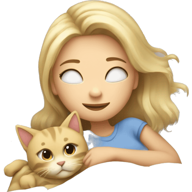 Blond girl laying in bed cuddling with a cat emoji