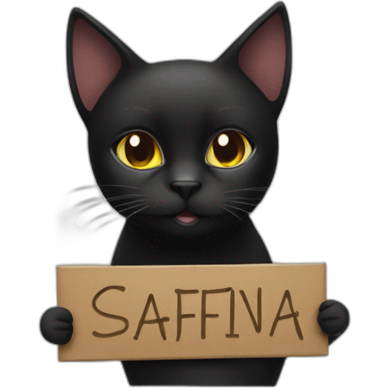 Black cat holding a sign with the inscription “Safina” emoji