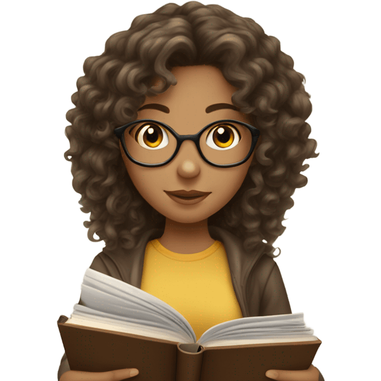 Curly haired brunette girl with long hair reading a book emoji