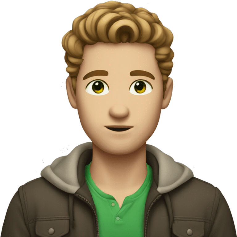 light-skinned man with green eyes and styled brown hair writing emoji