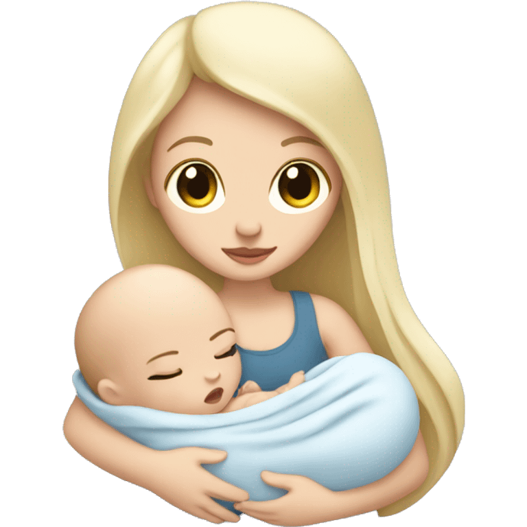 Pale girl with long black hair is holding a newborn baby emoji