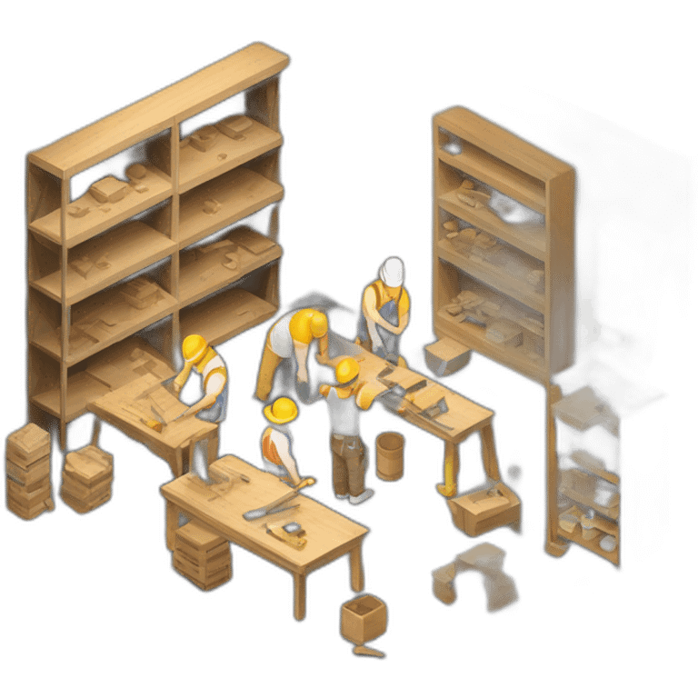 isometric square transparent solid outline border containing indoor woodshop people actively working concrete floor black tables metal shelves emoji