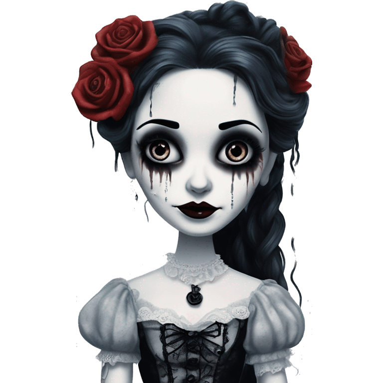 full height tim burton corpse bride, porcelain doll with a cracked face, goth makeup watery black eyes, long hair, lace and ruffles, lolita style, inked, black and white, red roses emoji