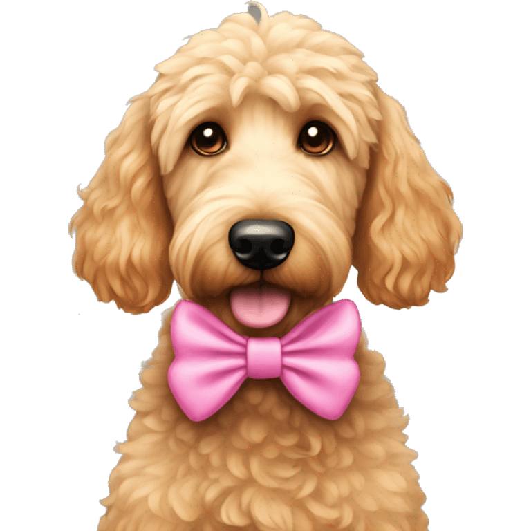 Golden doodle wearing a pink bow emoji