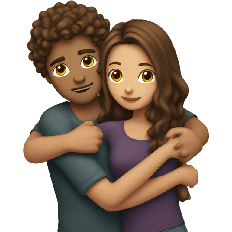 Girl with long straight brown hair hugging a guy with short curly brown hair emoji