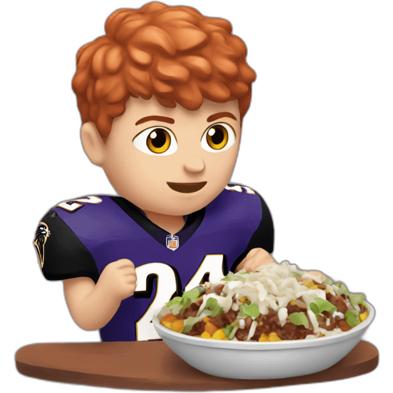 a red-haired boy wearing a ravens jersey and eating a chipotle burrito bowl emoji