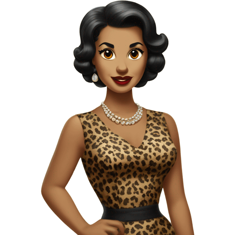 pin up brown woman with black hair in a 50s leopard dress emoji