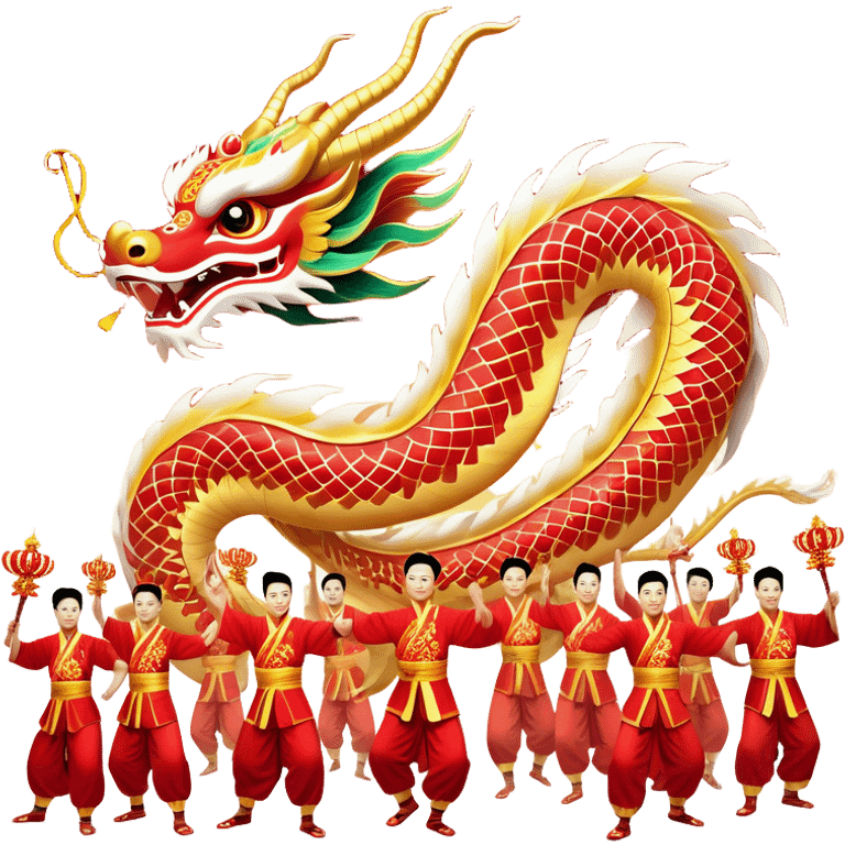 Cinematic Realistic scene of a Chinese Dragon Dance featuring performers energetically holding a vibrant dragon model aloft, with intricately detailed scales and dynamic flowing costumes, illuminated by festive red and gold lighting that captures the spirit of celebration. emoji