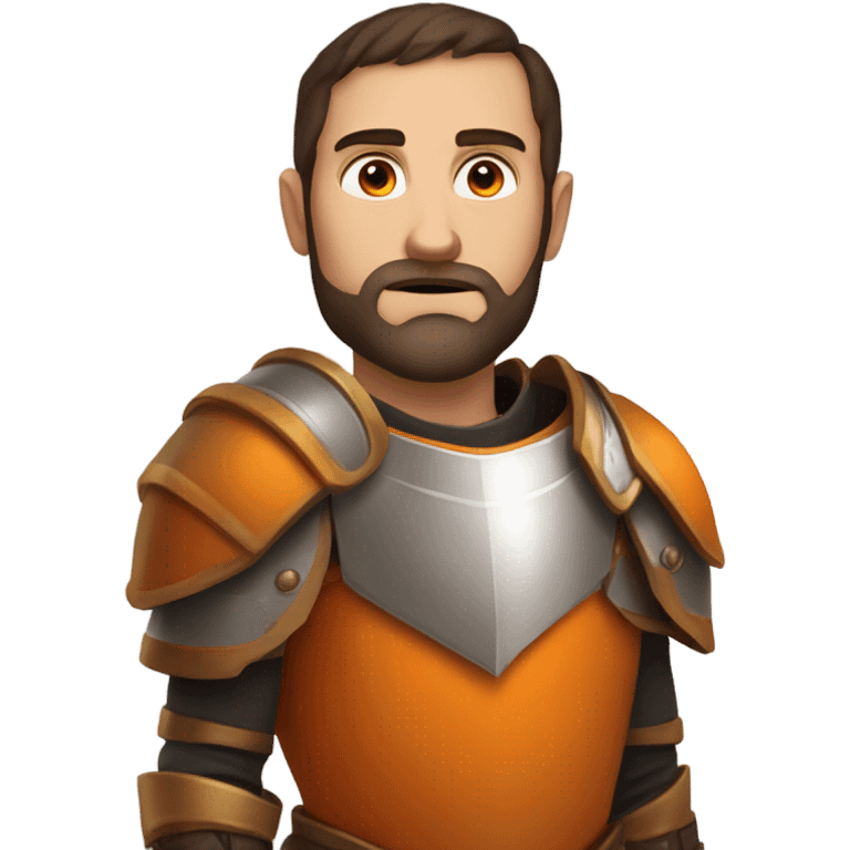 Confident White Man with dark brown hair and a short beard wearing large orange plate armor and eyes made out of orange light emoji